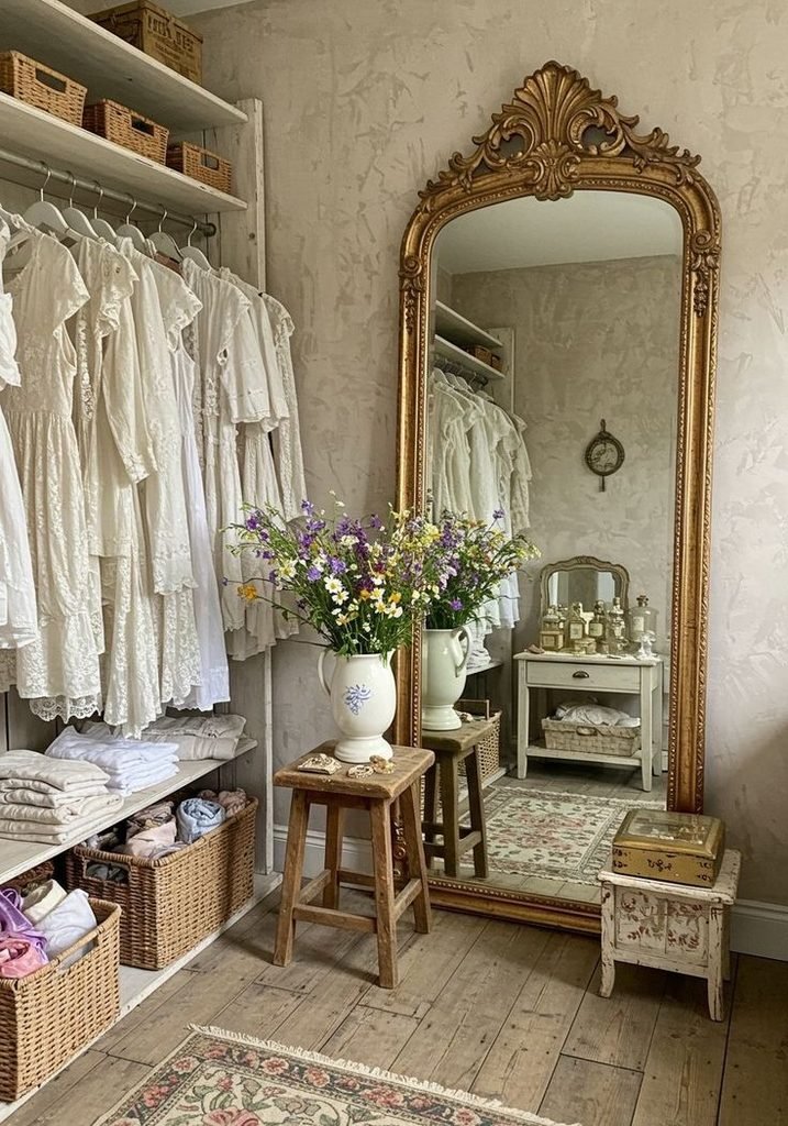 Vintage-inspired dressing area with an antique mirror, wooden chest, and classic wardrobe details.