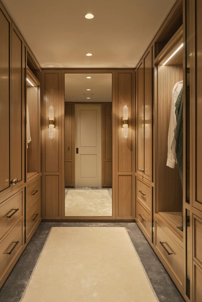 Closet inspo shelves and hanging clothes illuminated by subtle warm integrated lighting.