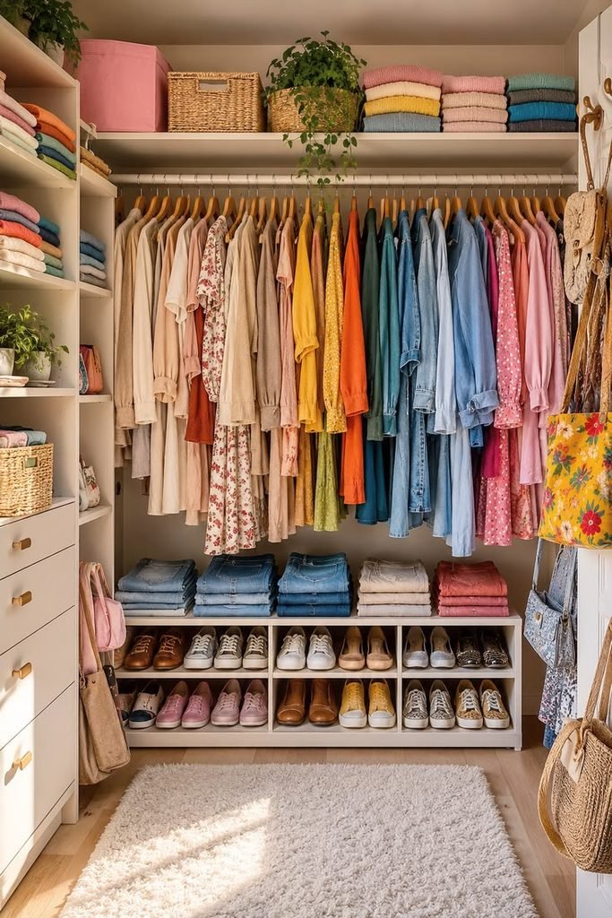Open wardrobe with clothing arranged by color from light neutrals to blue and brown.
