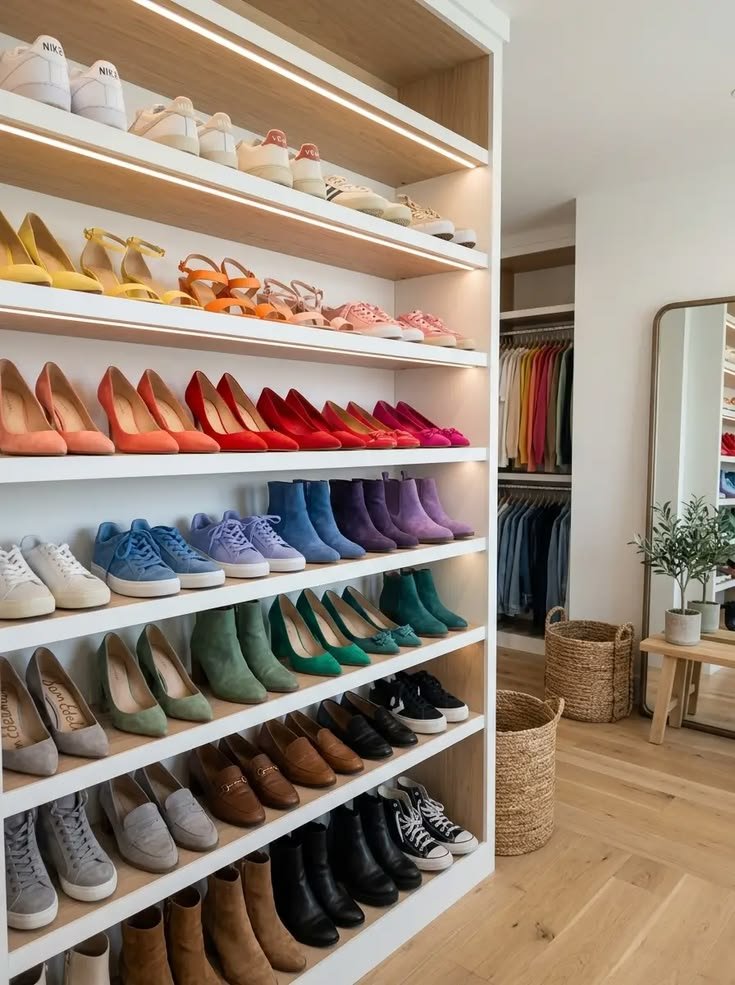 Closet shoe shelves displaying heels, flats, and sneakers in a practical arrangement.