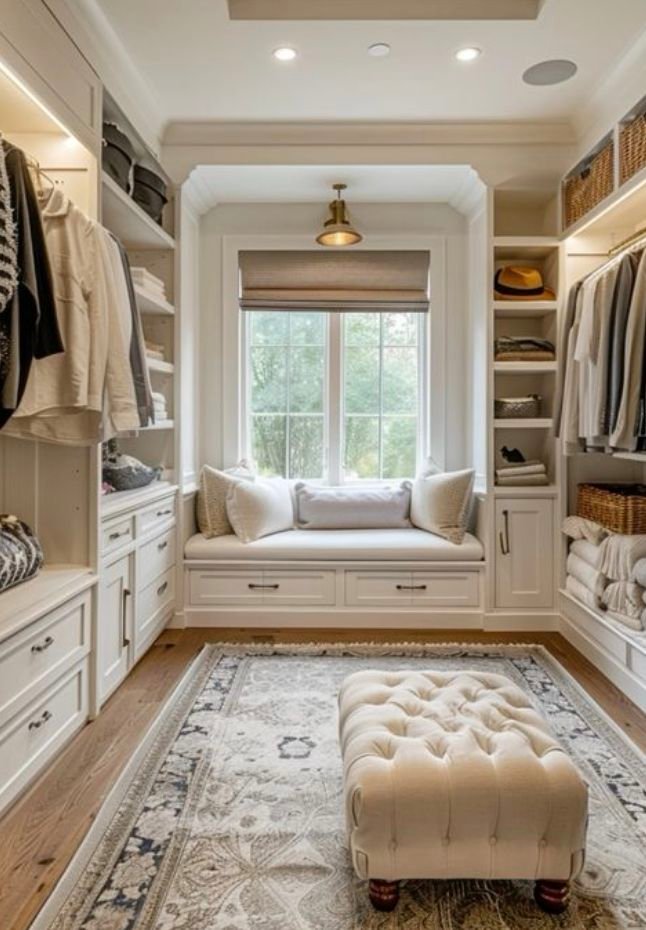 Upholstered bench in a walk-in closet with wood cabinetry and a muted green cushion.
