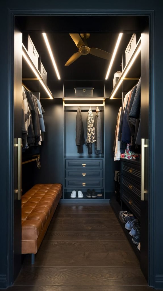 Dark olive closet cabinetry with brass handles, wood shelves, and softly lit clothing storage.