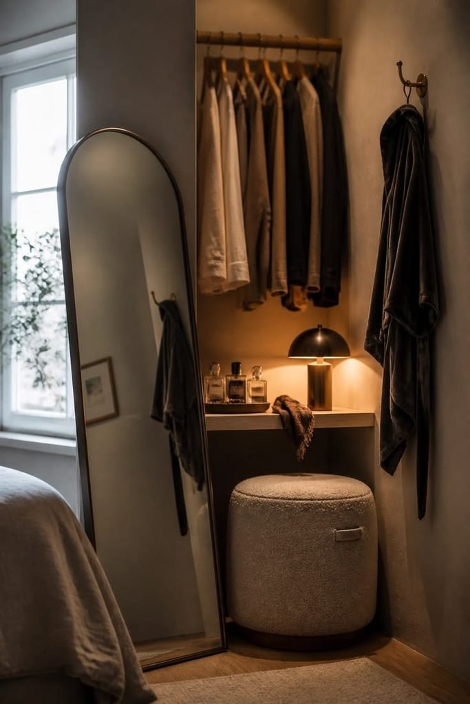 Small bedroom corner transformed into a dressing area with a wall-mounted clothing rail and mirror.
