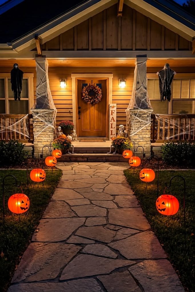 Outdoor Halloween walkway lined with glowing jack-o'-lanterns.