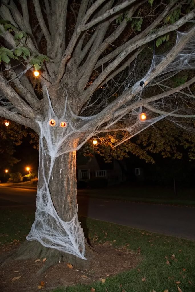 Oversized spiderweb Halloween decorations stretched across garden trees.