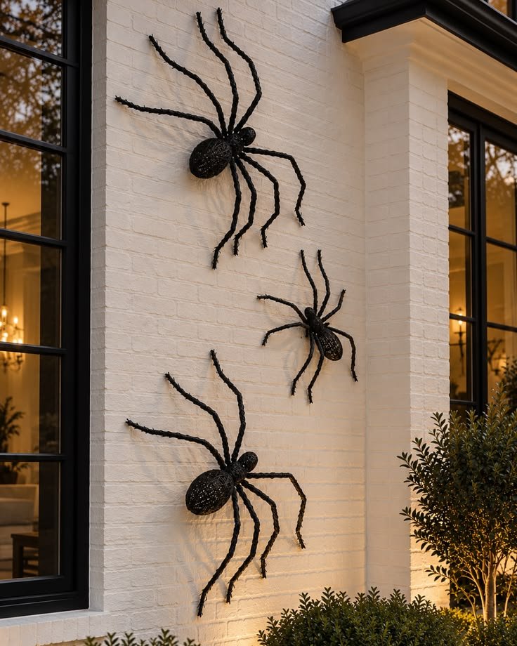 Giant black spider Halloween decoration on a home's exterior wall