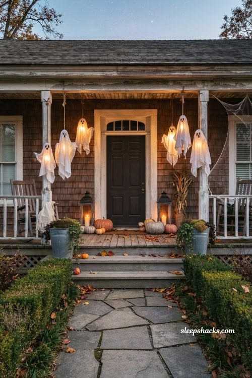 Floating white ghost decorations hanging at different heights outdoors.