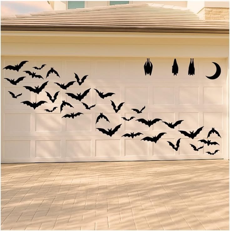 Black bat silhouettes arranged across a garage door for Halloween.